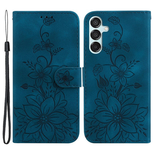 For Samsung Galaxy M15 5G / F15 5G Leather Case Flower Imprinted Phone Cover - Dark Blue
