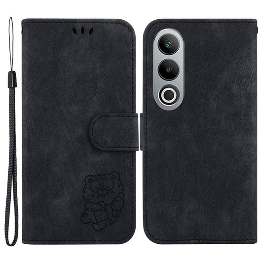 For OnePlus Nord CE4 5G Case Cute Tiger Pattern Phone Leather Cover with Strap - Black