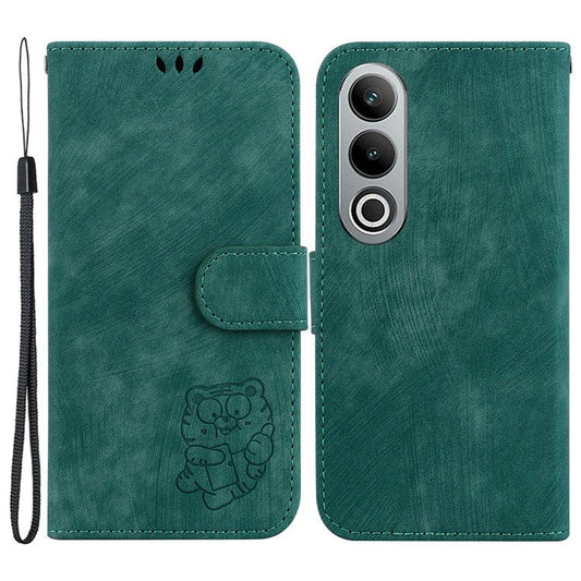 For OnePlus Nord CE4 5G Case Cute Tiger Pattern Phone Leather Cover with Strap - Green