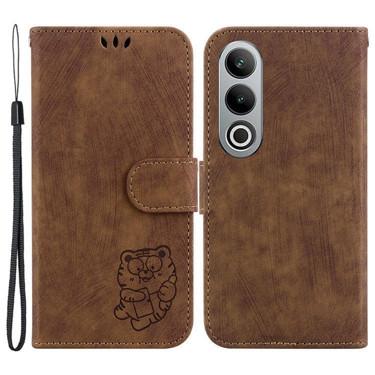 For OnePlus Nord CE4 5G Case Cute Tiger Pattern Phone Leather Cover with Strap - Brown
