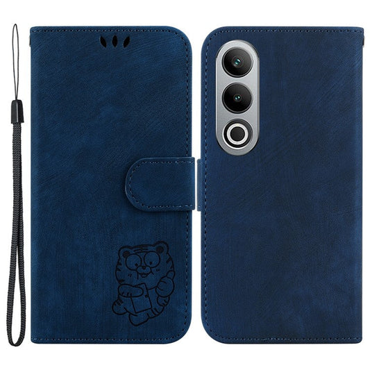 For OnePlus Nord CE4 5G Case Cute Tiger Pattern Phone Leather Cover with Strap - Dark Blue