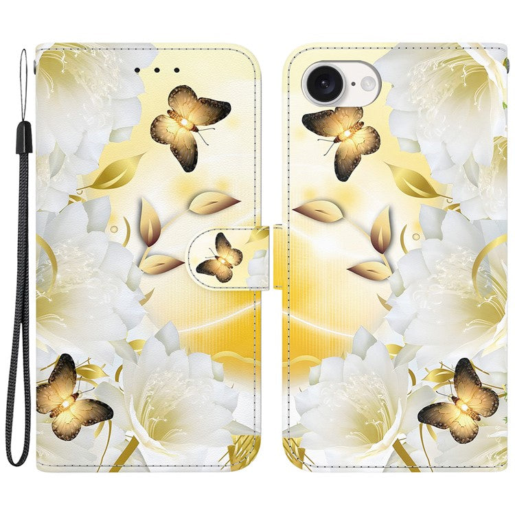 For iPhone 16e Case Pattern Print Scratch-Proof Leather Phone Cover with Wallet - Gold Butterfly Flower