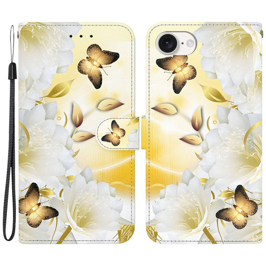 For iPhone 16e Case Pattern Print Scratch-Proof Leather Phone Cover with Wallet - Gold Butterfly Flower