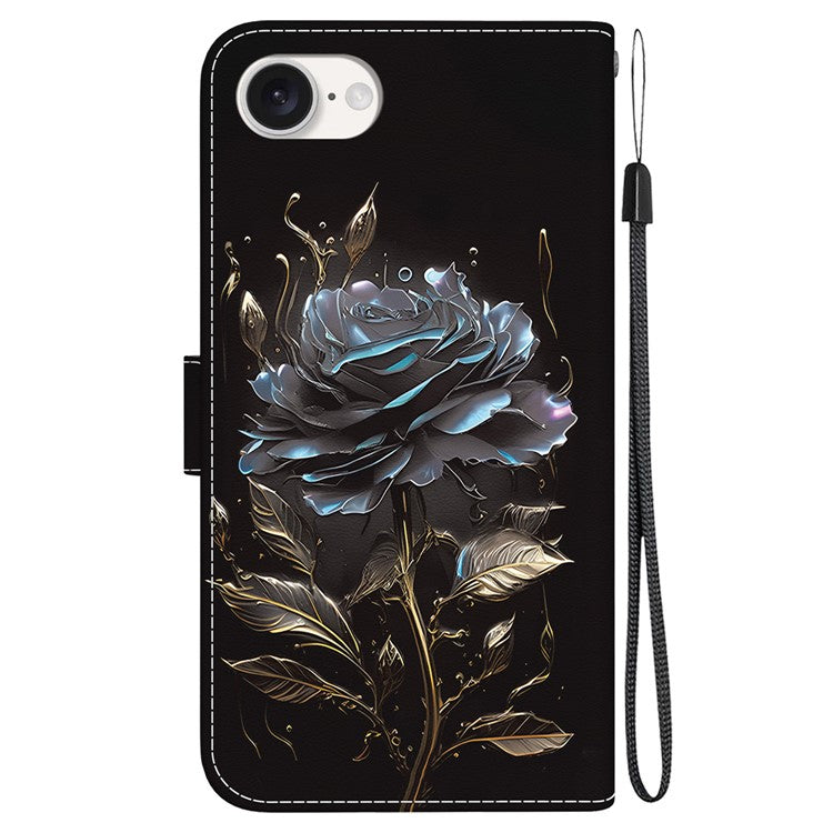 For iPhone 16e Case Pattern Print Scratch-Proof Leather Phone Cover with Wallet - Black Rose
