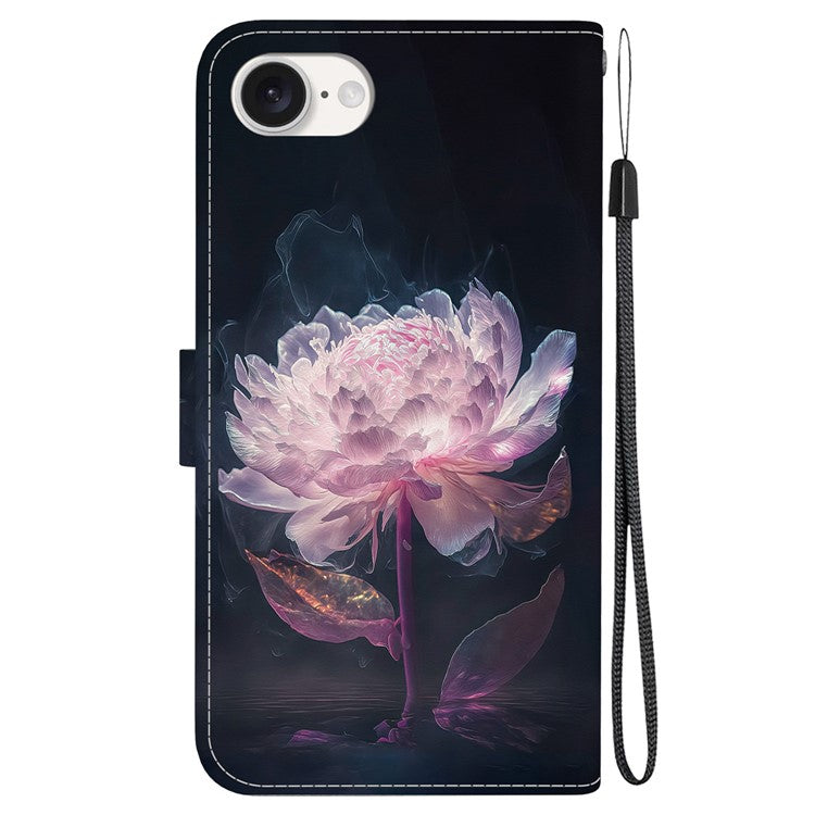For iPhone 16e Case Pattern Print Scratch-Proof Leather Phone Cover with Wallet - Purple Peony