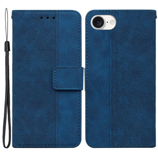 For iPhone 16e Leather Wallet Case Geometry Imprint Phone Cover - Blue