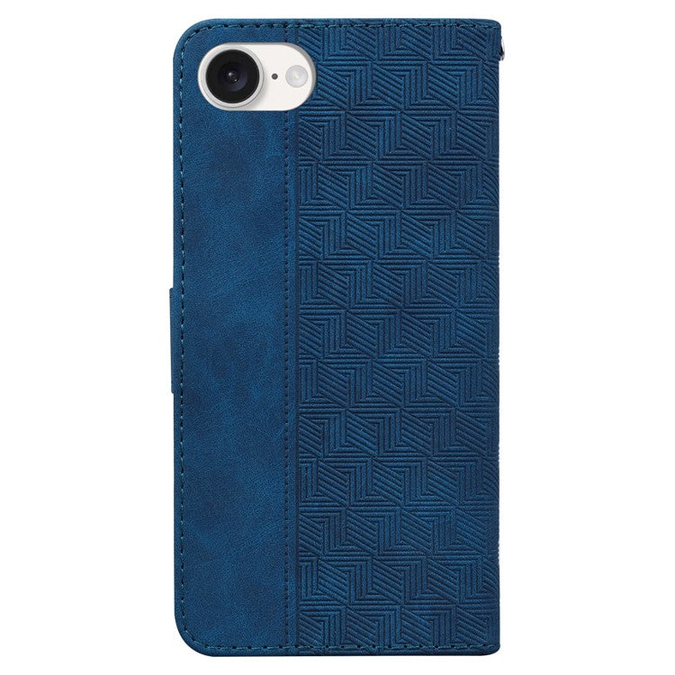 For iPhone 16e Leather Wallet Case Geometry Imprint Phone Cover - Blue