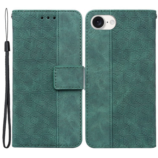 For iPhone 16e Leather Wallet Case Geometry Imprint Phone Cover - Green