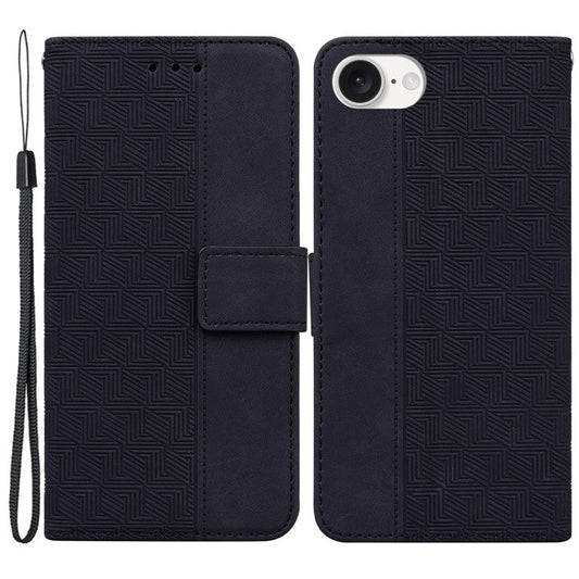 For iPhone 16e Leather Wallet Case Geometry Imprint Phone Cover - Black
