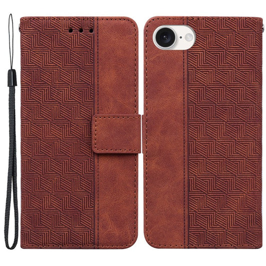 For iPhone 16e Leather Wallet Case Geometry Imprint Phone Cover - Brown