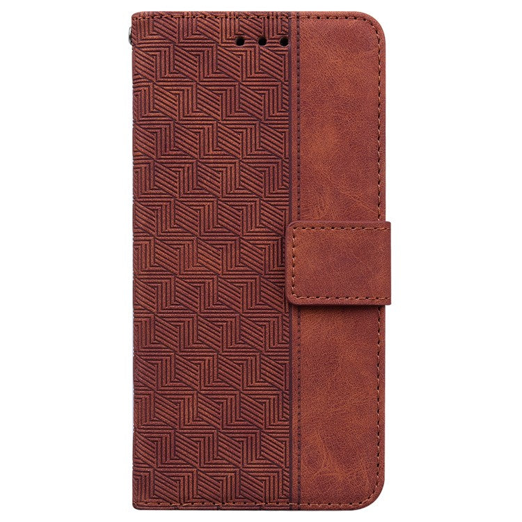 For iPhone 16e Leather Wallet Case Geometry Imprint Phone Cover - Brown