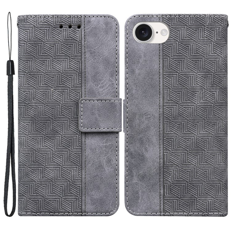 For iPhone 16e Leather Wallet Case Geometry Imprint Phone Cover - Grey