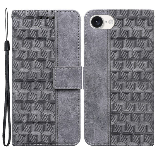 For iPhone 16e Leather Wallet Case Geometry Imprint Phone Cover - Grey