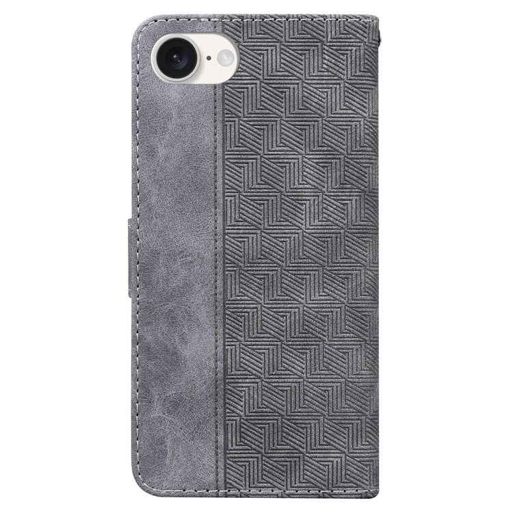 For iPhone 16e Leather Wallet Case Geometry Imprint Phone Cover - Grey