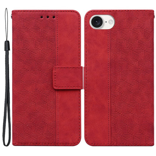 For iPhone 16e Leather Wallet Case Geometry Imprint Phone Cover - Red