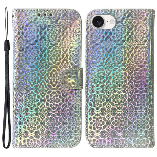 For iPhone 16e Case Dazzling Flower PU Leather Stand Shockproof Phone Cover - Grey