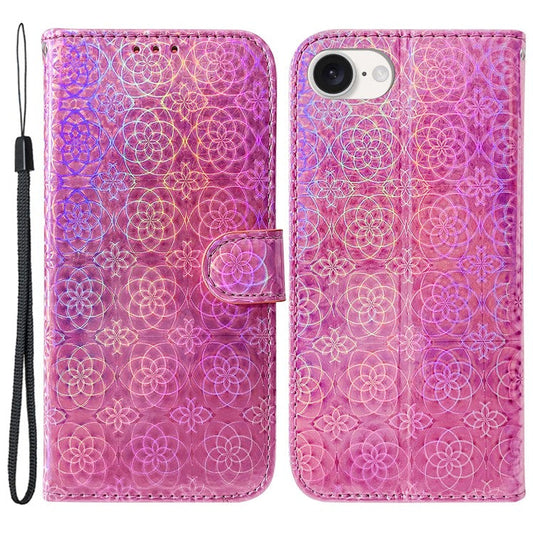 For iPhone 16e Case Dazzling Flower PU Leather Stand Shockproof Phone Cover - Pink