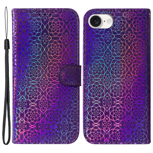 For iPhone 16e Case Dazzling Flower PU Leather Stand Shockproof Phone Cover - Purple