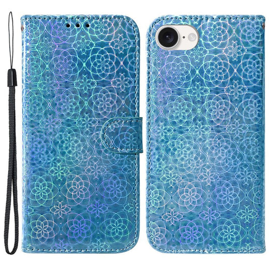 For iPhone 16e Case Dazzling Flower PU Leather Stand Shockproof Phone Cover - Blue