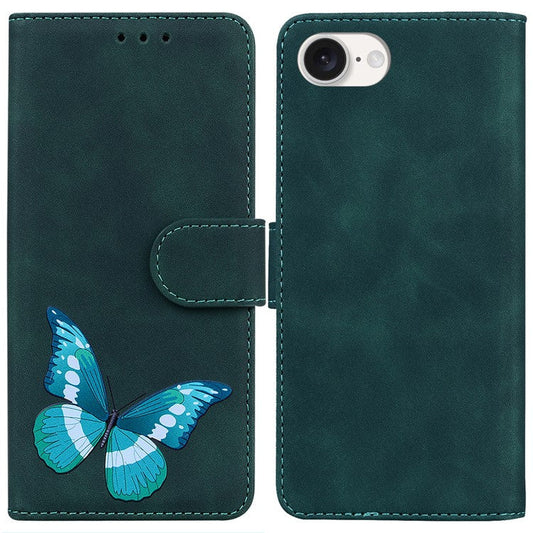 For iPhone 16e Case Butterfly Pattern Wallet Stand Leather Phone Cover - Green
