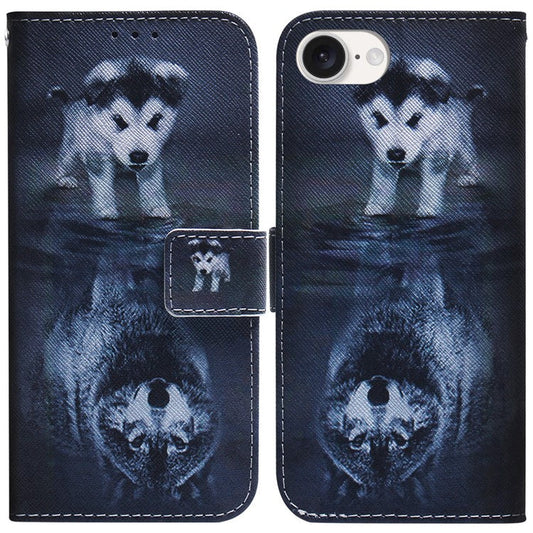For iPhone 16e Wallet Phone Case Pattern Print Anti-Drop PU Leather Flip Cover - Dog and Wolf