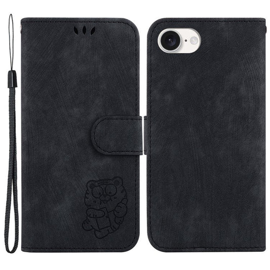 For iPhone 16e Case Wallet PU Leather Flip Phone Stand Cover with Imprinted Tiger Pattern - Black