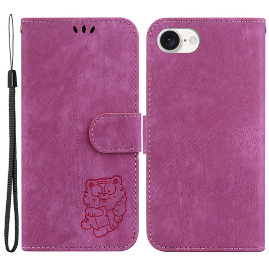 For iPhone 16e Case Wallet PU Leather Flip Phone Stand Cover with Imprinted Tiger Pattern - Rose