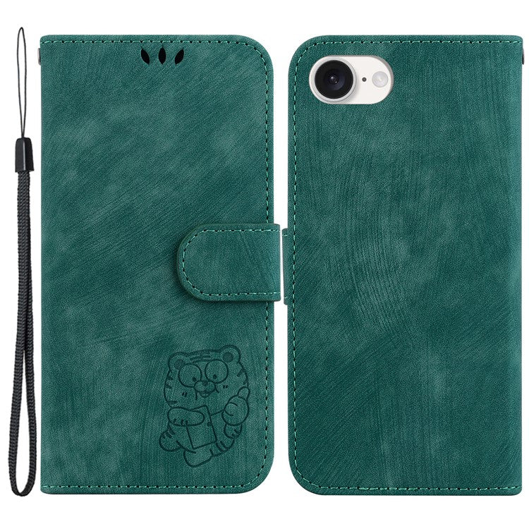 For iPhone 16e Case Wallet PU Leather Flip Phone Stand Cover with Imprinted Tiger Pattern - Green