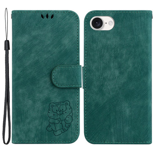 For iPhone 16e Case Wallet PU Leather Flip Phone Stand Cover with Imprinted Tiger Pattern - Green