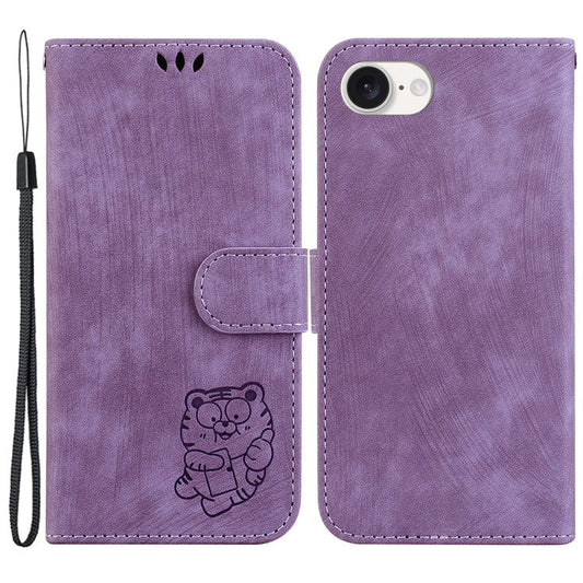 For iPhone 16e Case Wallet PU Leather Flip Phone Stand Cover with Imprinted Tiger Pattern - Purple