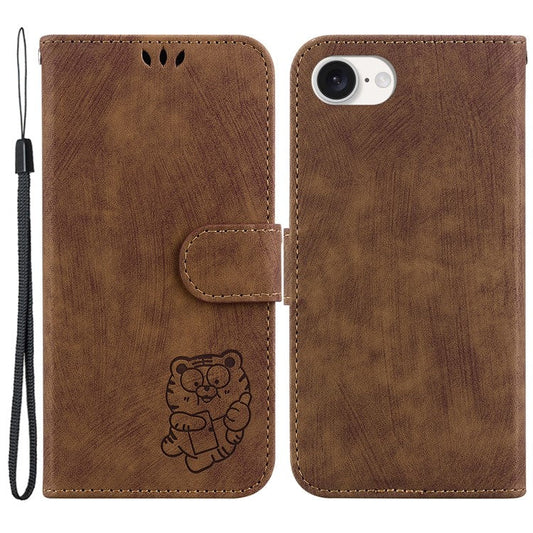 For iPhone 16e Case Wallet PU Leather Flip Phone Stand Cover with Imprinted Tiger Pattern - Brown
