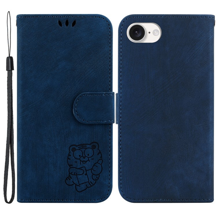For iPhone 16e Case Wallet PU Leather Flip Phone Stand Cover with Imprinted Tiger Pattern - Dark Blue