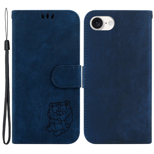 For iPhone 16e Case Wallet PU Leather Flip Phone Stand Cover with Imprinted Tiger Pattern - Dark Blue