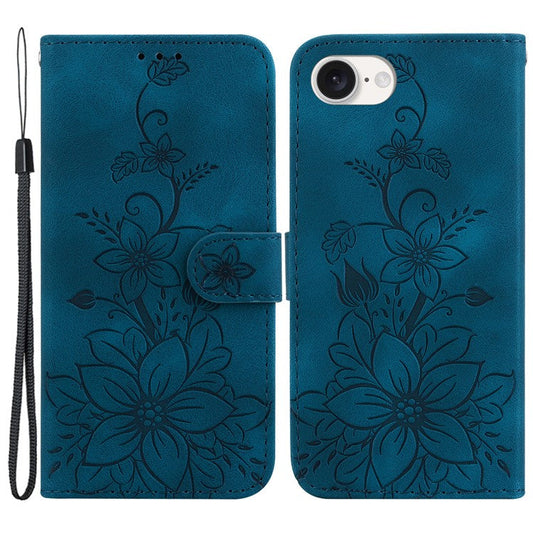 For iPhone 16e Cell Phone Cases Floral Imprinted PU Leather Flip Protective Cover - Dark Blue