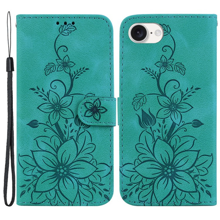 For iPhone 16e Cell Phone Cases Floral Imprinted PU Leather Flip Protective Cover - Green