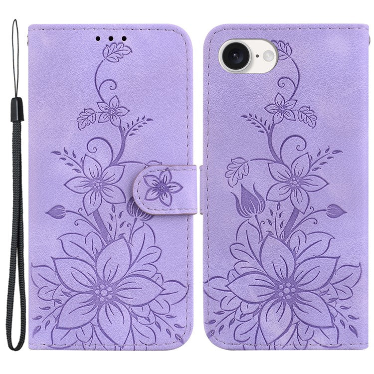 For iPhone 16e Cell Phone Cases Floral Imprinted PU Leather Flip Protective Cover - Purple