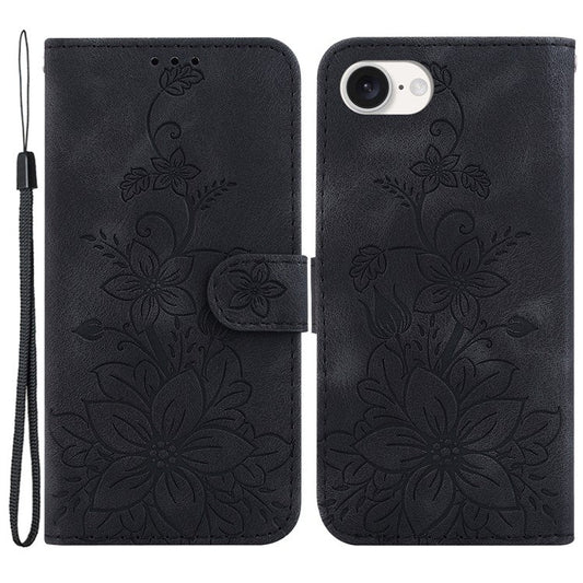 For iPhone 16e Cell Phone Cases Floral Imprinted PU Leather Flip Protective Cover - Black