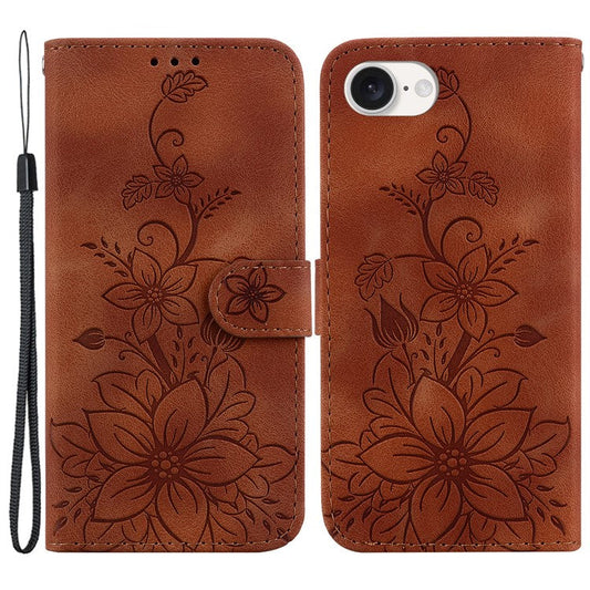 For iPhone 16e Cell Phone Cases Floral Imprinted PU Leather Flip Protective Cover - Brown