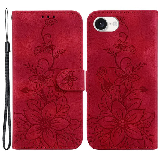 For iPhone 16e Cell Phone Cases Floral Imprinted PU Leather Flip Protective Cover - Red