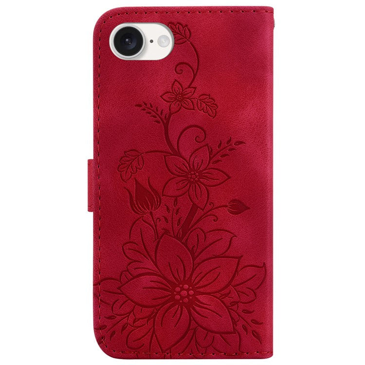 For iPhone 16e Cell Phone Cases Floral Imprinted PU Leather Flip Protective Cover - Red