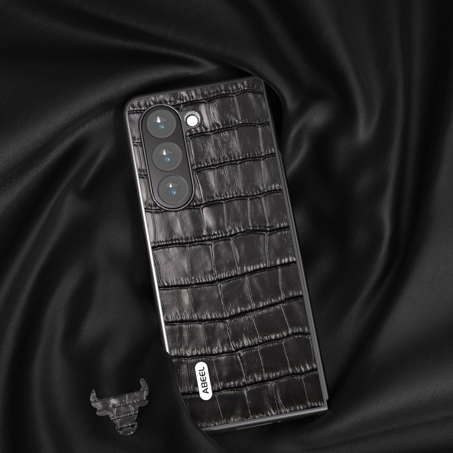 ABEEL For Samsung Galaxy Z Fold6 5G Case Crocodile Texture Genuine Cow Leather+PC Phone Cover - Black