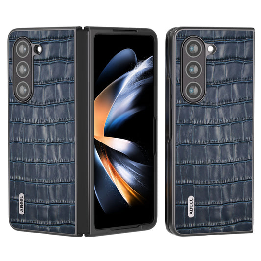 ABEEL For Samsung Galaxy Z Fold6 5G Case Crocodile Texture Genuine Cow Leather+PC Phone Cover - Blue
