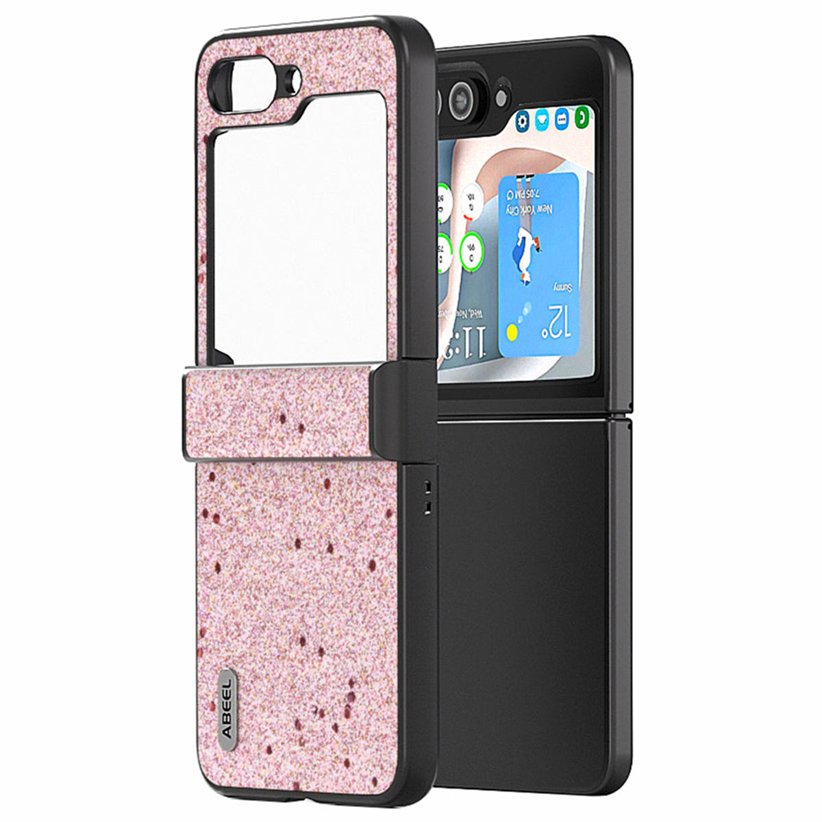 ABEEL For Samsung Galaxy Z Flip6 5G Case PU Leather+PC Glitter Phone Cover with Hinge Design - Pink