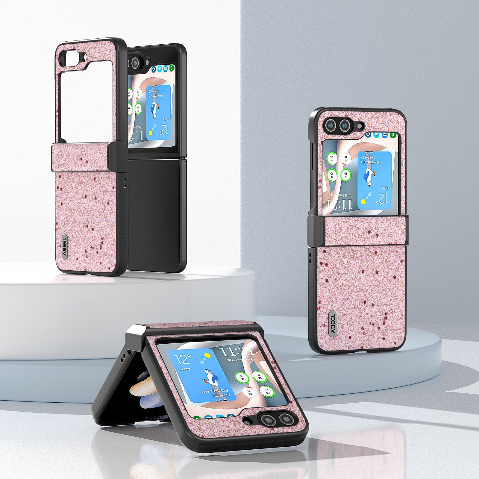 ABEEL For Samsung Galaxy Z Flip6 5G Case PU Leather+PC Glitter Phone Cover with Hinge Design - Pink