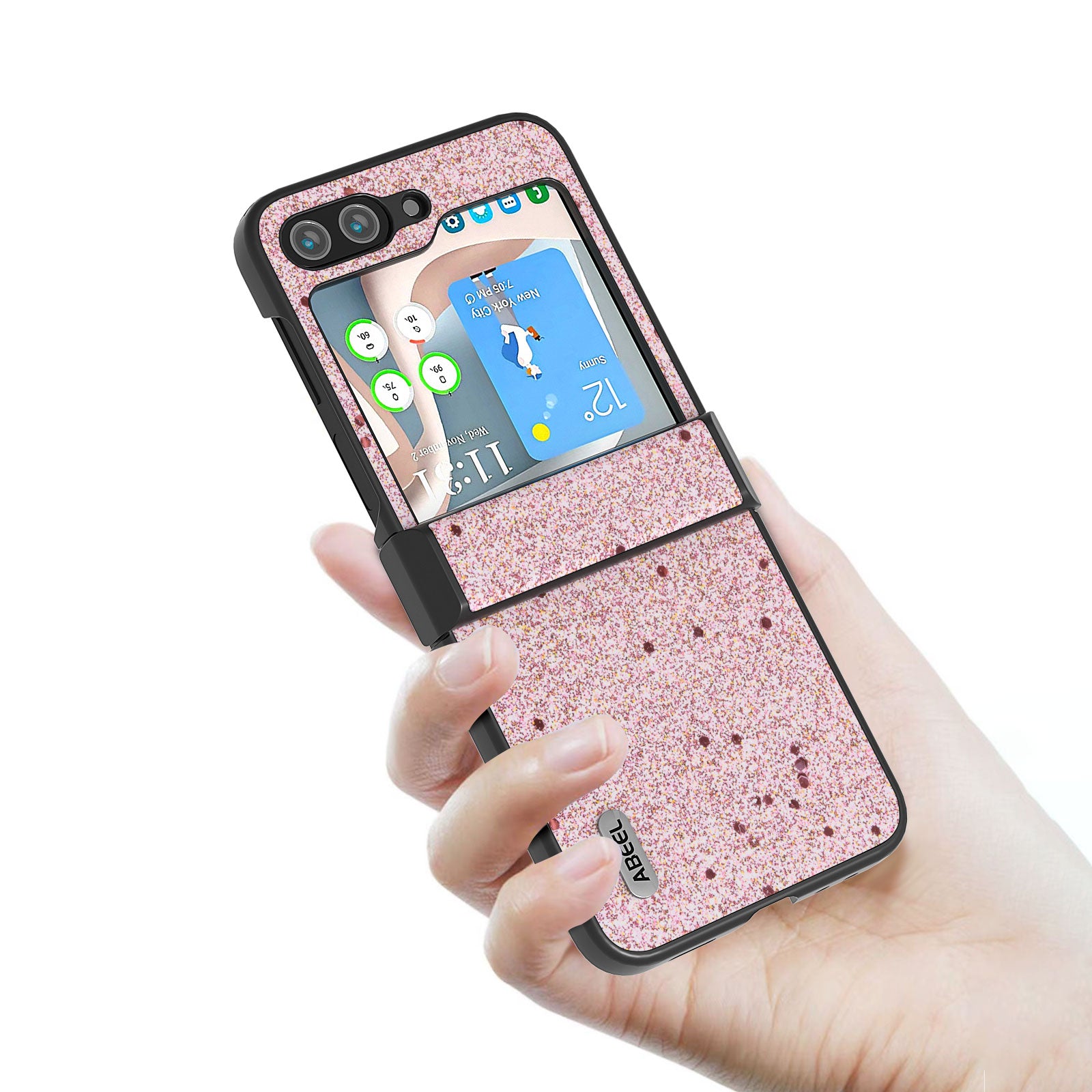 ABEEL For Samsung Galaxy Z Flip6 5G Case PU Leather+PC Glitter Phone Cover with Hinge Design - Pink