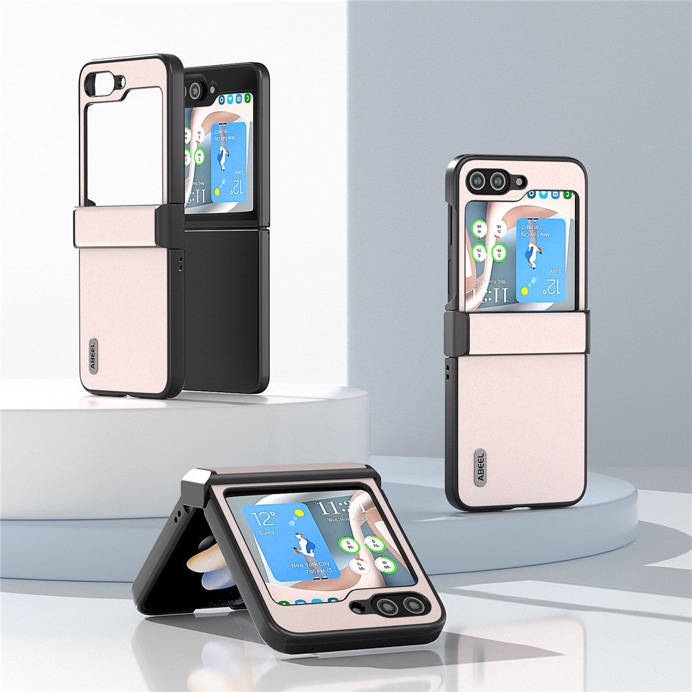 ABEEL For Samsung Galaxy Z Flip7 FE 5G / Z Flip6 5G Case PU Leather+PC Glitter Phone Cover with Hinge Design - White