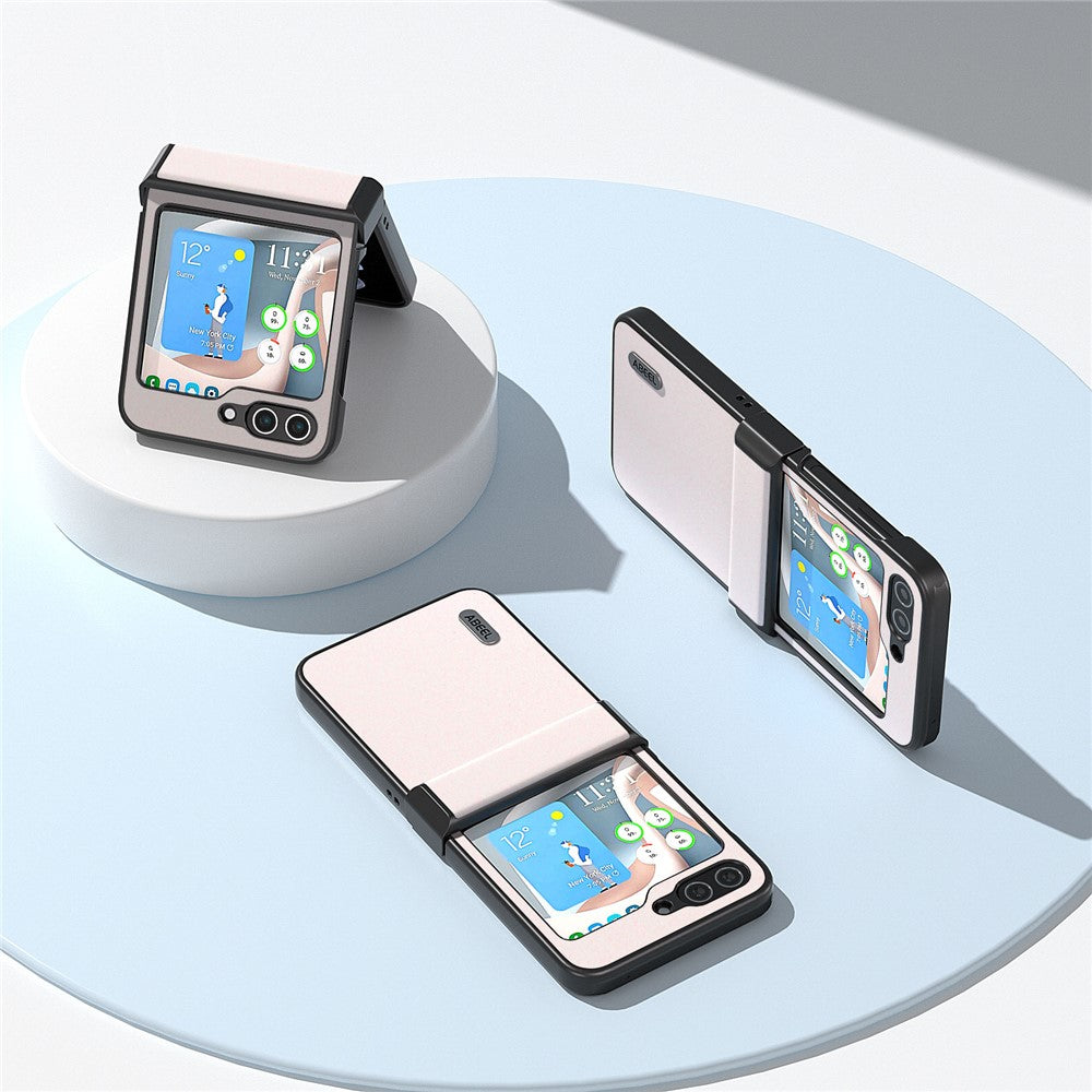 ABEEL For Samsung Galaxy Z Flip7 FE 5G / Z Flip6 5G Case PU Leather+PC Glitter Phone Cover with Hinge Design - White