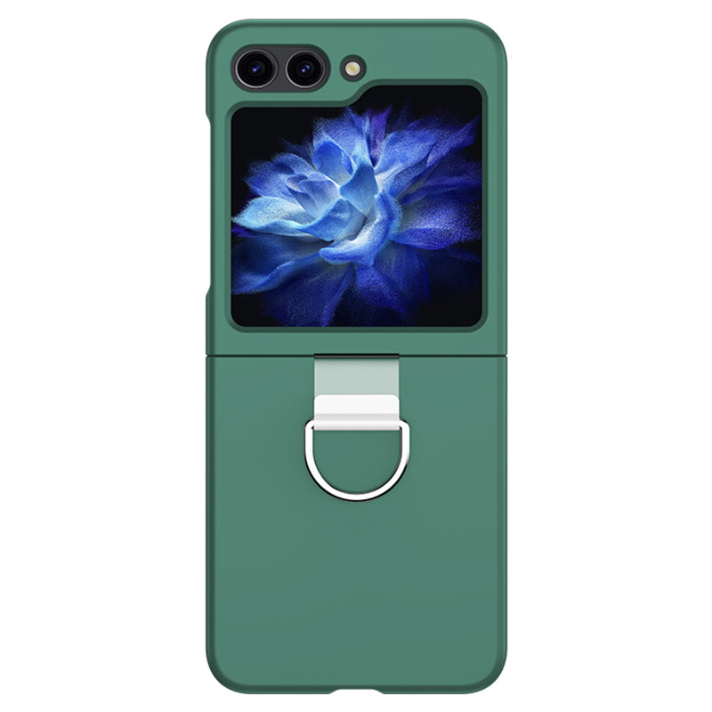 For Samsung Galaxy Z Flip6 5G Hard PC Case Metal Ring Holder Anti-Slip Skin-Touch Phone Cover - Dark Green