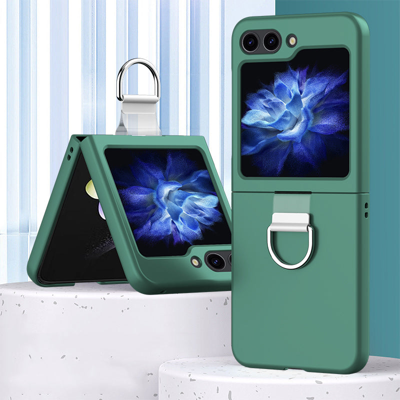 For Samsung Galaxy Z Flip6 5G Hard PC Case Metal Ring Holder Anti-Slip Skin-Touch Phone Cover - Dark Green