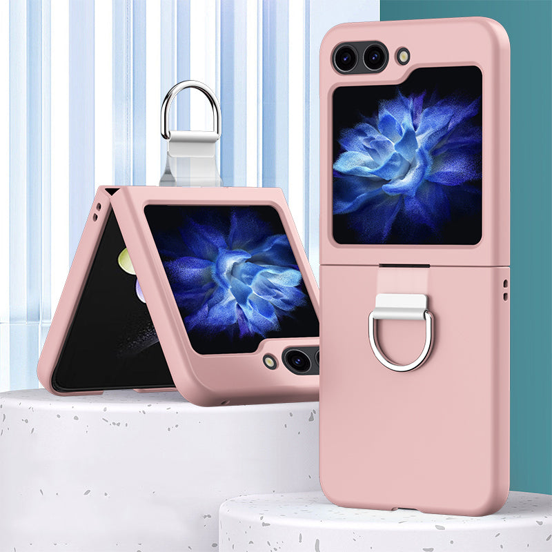 For Samsung Galaxy Z Flip6 5G Hard PC Case Metal Ring Holder Anti-Slip Skin-Touch Phone Cover - Pink